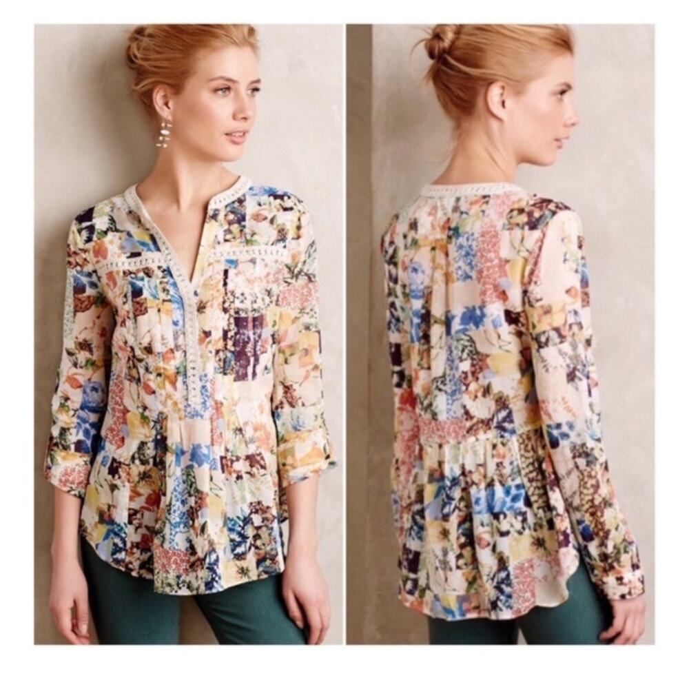 Anthropologie Maeve Abella Pintuck Floral Blouse Size 4